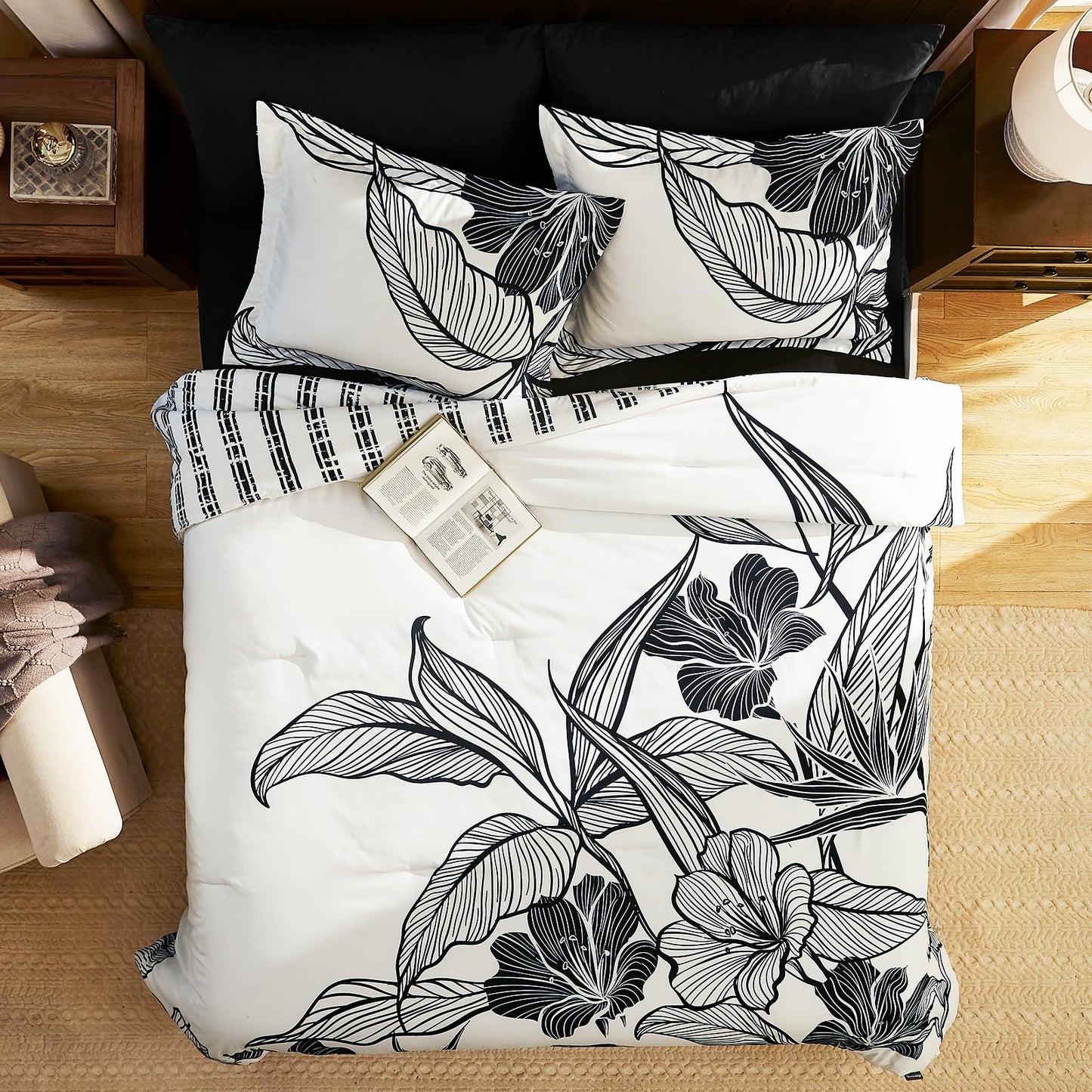 WRENSONGE King Size Comforter Set, 7 Pieces Black Red Floral Comforter Set with Red Leaf Pattern King Bedding Set, Soft Breathable Bed